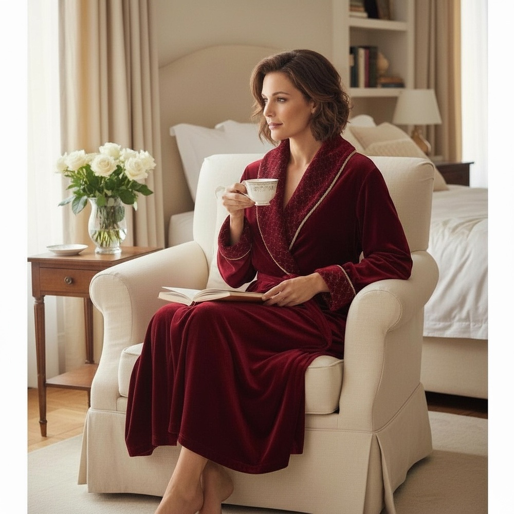 Adonna Luxe Warm Cozy Red Velvet Belted Maxi Robe House Coat Womens S Old Money